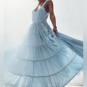 LoveShackFancy Blue and White Striped, Tiered Maxi Dress size 8